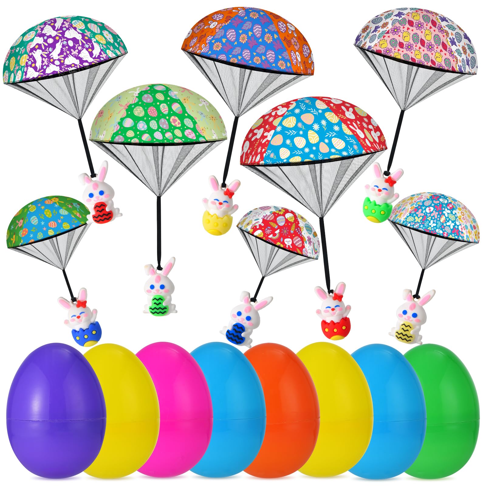 GOSODME 8 Pack Prefilled Easter Eggs Parachute Toys, Easter Basket Stuffers with Hand Throw Flying Toys for Kids Boys Girls Easter Egg Fillers, Easter Party Favor