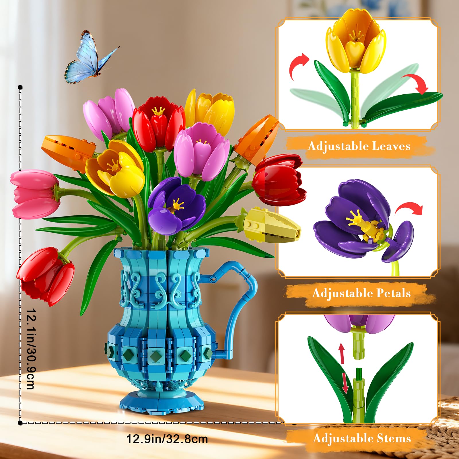 CUBIMANA Blumenstrauß Bausatz mit Vase, 768 Teile Tulpen Blumen Set für Erwachsene, Künstliche Botanicals Bonsai Bausteine für Home Deko, Valentinstag Geburtstag Geschenk für Frauen Mutter Mädchen 12+ 8