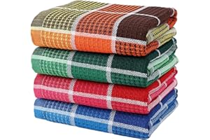 Bright Large Kitchen Towels, 4-Pack, 16 Inch x 26 Inch Buffalo Check Dish Towels for Washing Drying Dishes, Colorful Waffle D