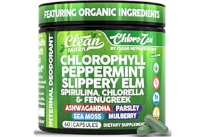 CLEAN NUTRACEUTICALS Clean Nutra Chlorophyll Capsules + Peppermint Slippery Elm Spirulina Chlorella Fenugreek Ashwagandha Sea Moss Supplement – Ph Balance for Women Detox Internal Deodorant Supplement + Prebiotics 60 Ct
