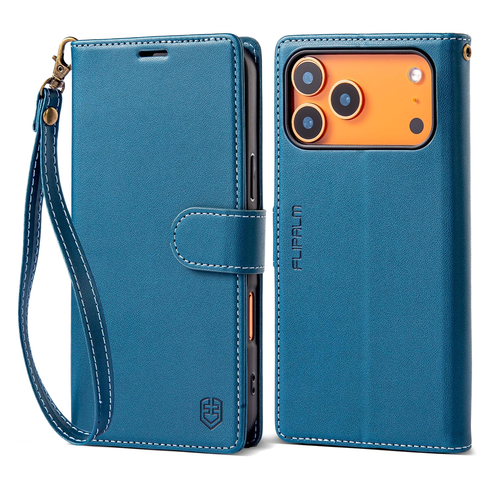 FLIPALM Wallet Case for iPhone 17 Series with Wrist Strap - PU Leather Folio Flip with Credit Card Holder & Kickstand, Protective Cover (Blue, for iPhone 17 Pro Max)
