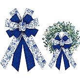 LANGFON Large Spring Bows Linen Flowers Burlap Blue Summer Flowers Ribbon Bows for Wreath for Spring Summer Party Indoor Outdoor Tree Topper Wreath Decoration Supplies