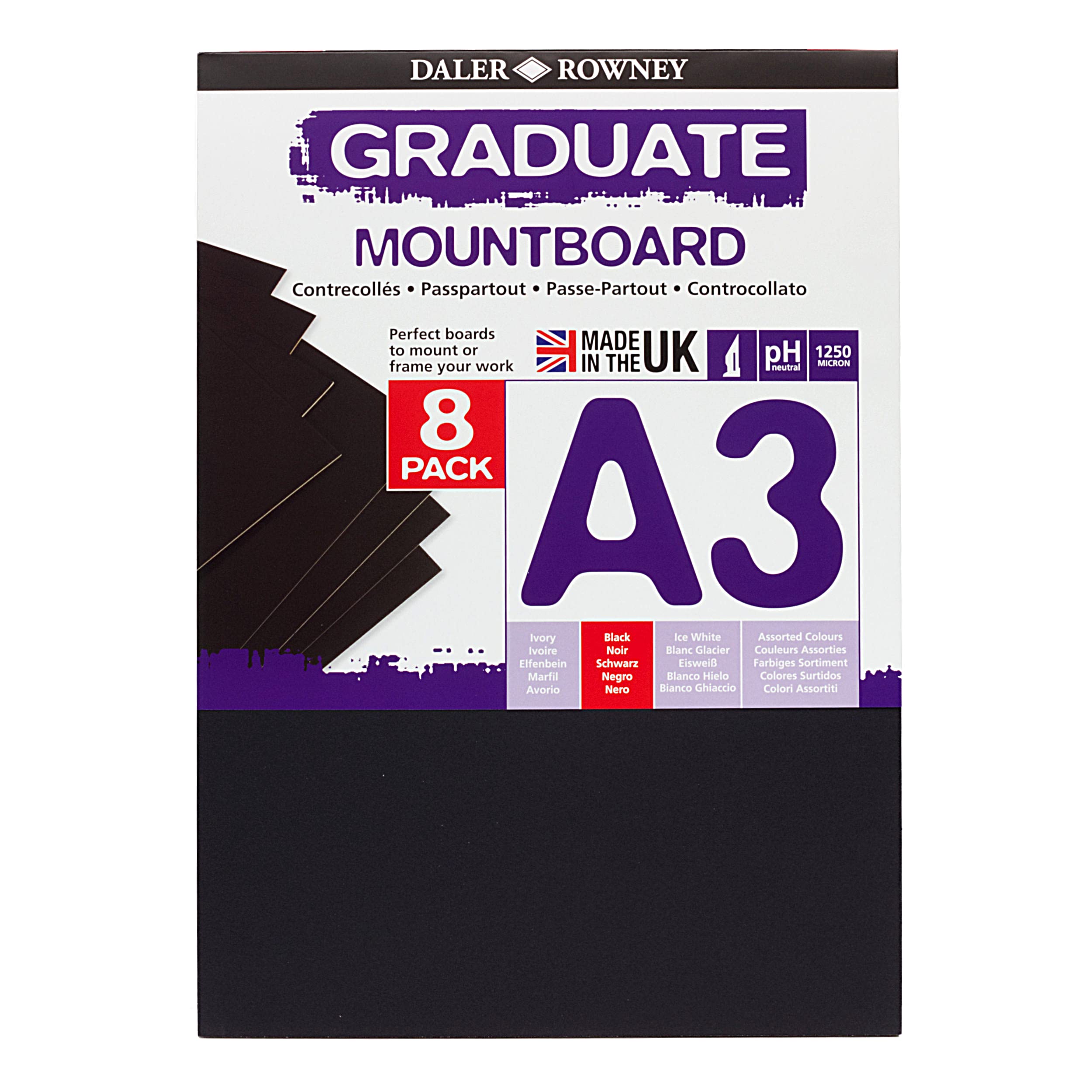 Daler-Rowney Graduate Cream Core A3 Mountboard Pack, 8 x Black Smooth Surface, 1.25mm Thick, For Student Artists & Hobbyists