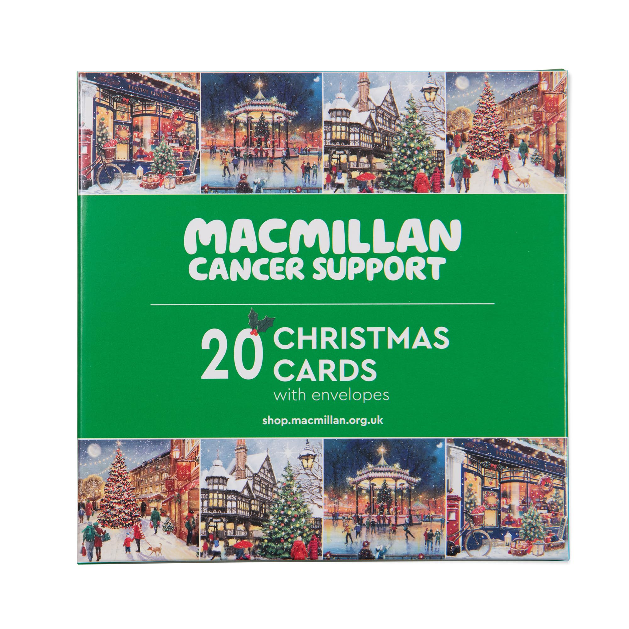 Macmillan Village Scenes Charity Christmas Cards – Pack of 20 Luxury and Eco-Friendly Christmas Cards. Boxed Multipack of 4 Seasonal Christmas Designs. 127x127mm Card Size.