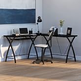 HBCY Creations L-Shaped Computer Desk - Black Tempered Glass Top - Cherry Finished Wood Legs - Powder Coated Bracing - Keyboard Tray