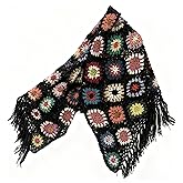 Handmade Crochet Granny Square Poncho & Boho Shawl in Beige & Black, Women's Vintage Tassel Scarf for Festival & Beach