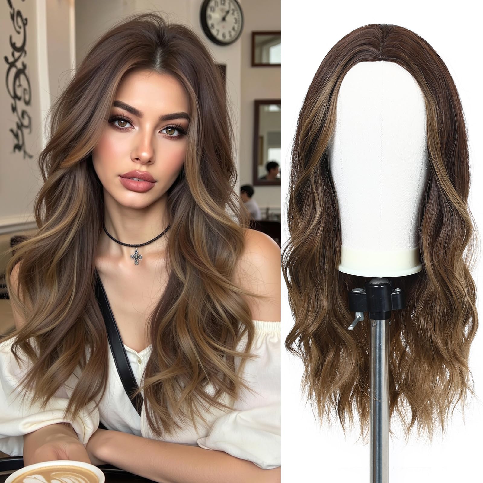 Esmee 24 Inches Long Ombre Brown Wigs for Women Natural Synthetic Hair Wig Loose Wavy Wigs Heat Resistant for Daily Party Cosplay Wear — image 1