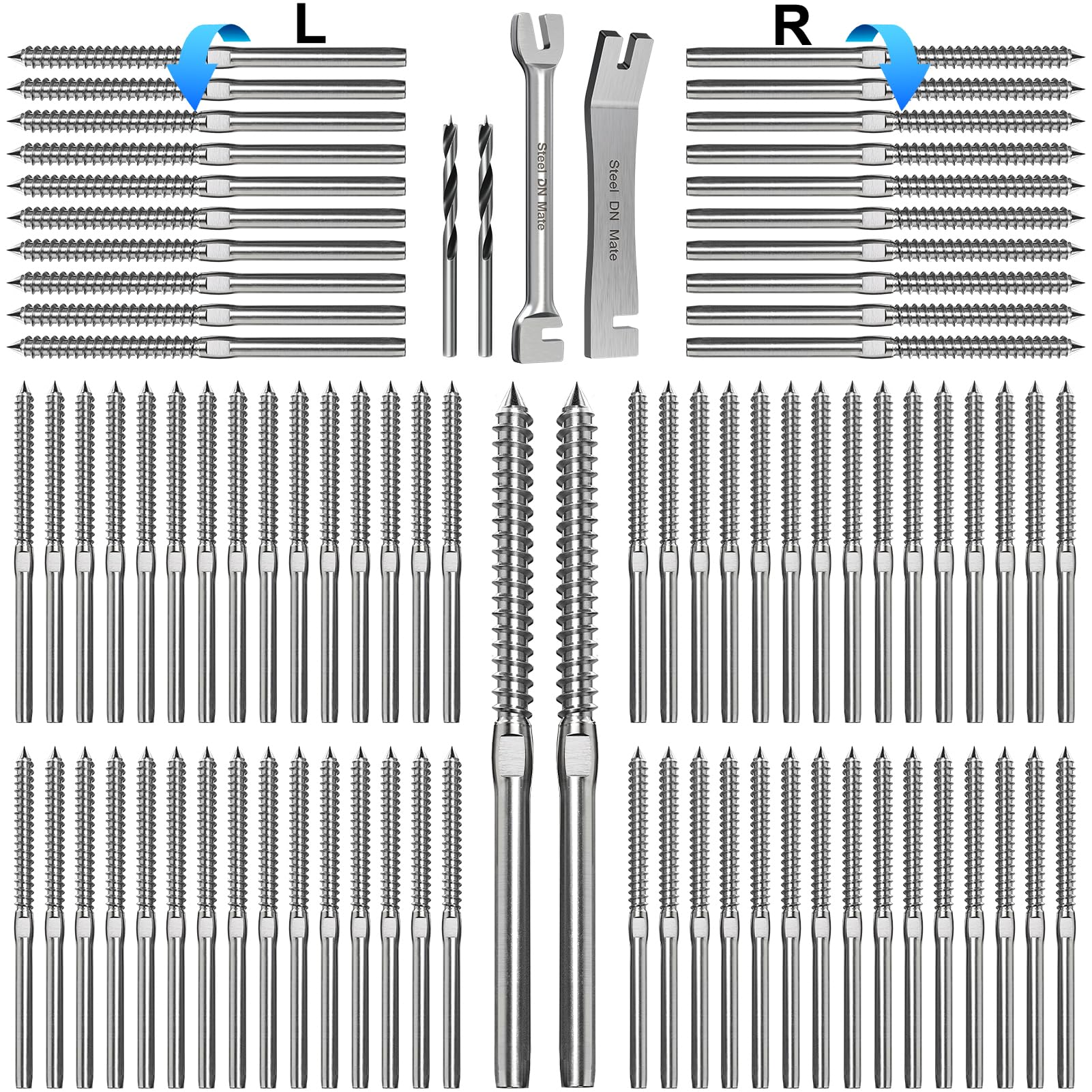Photo 1 of Steel DN Mate 100 Pack T316 Stainless Steel Right&Left Handed Thread Swage Lag Screws for Wood Post of 1/8" Steel Cable Railing Kit, Cable Railing Hardware, DIY Deck Railings, Wrench Include, DM50