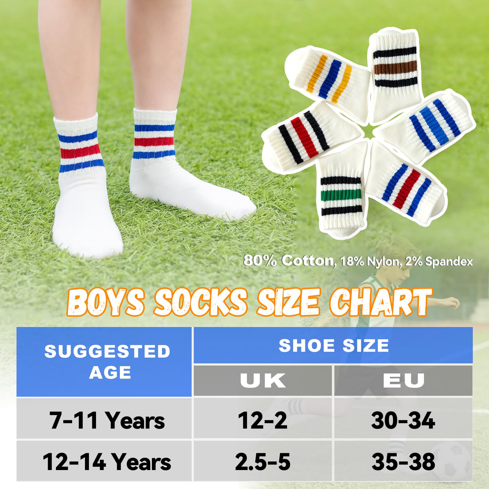 BISOUSOX Kinder Jungen Socken Ohne Naht Baumwolle Tennissocken Sportsocken für Fußball Laufen Mädchen Schulkind Socken 6 Paar Kindergeschenk 5