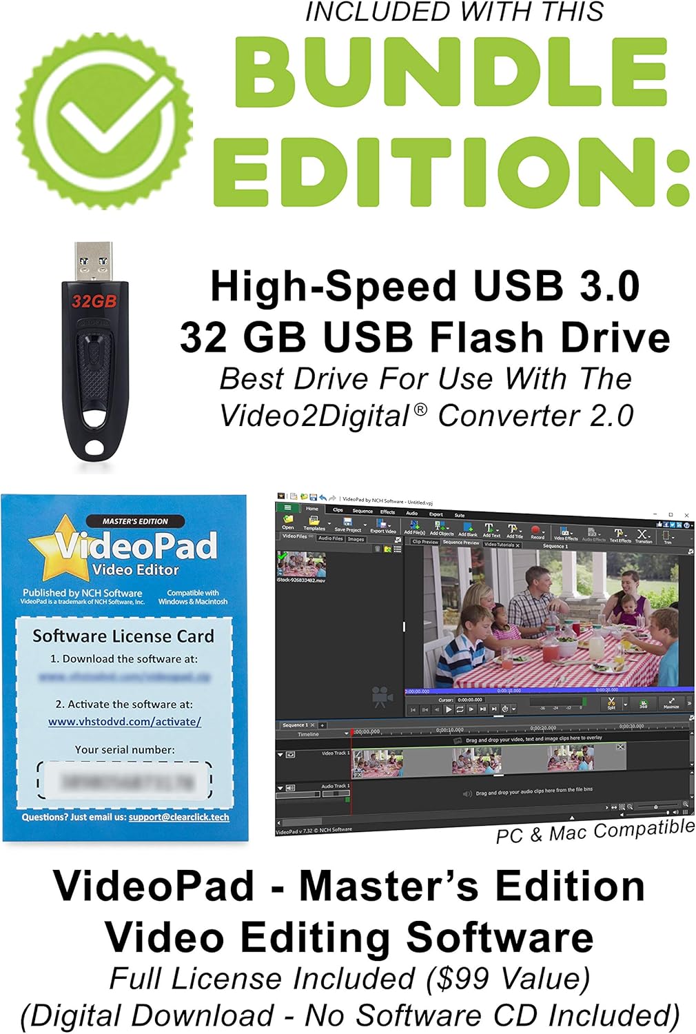 ClearClick Video to Digital Converter 2.0 (Second Generation) - Record Video from VCR's, VHS Tapes, AV, RCA, Hi8, Camcorder, DVD, Gaming Systems (Bundle Edition): Home Audio & Theater