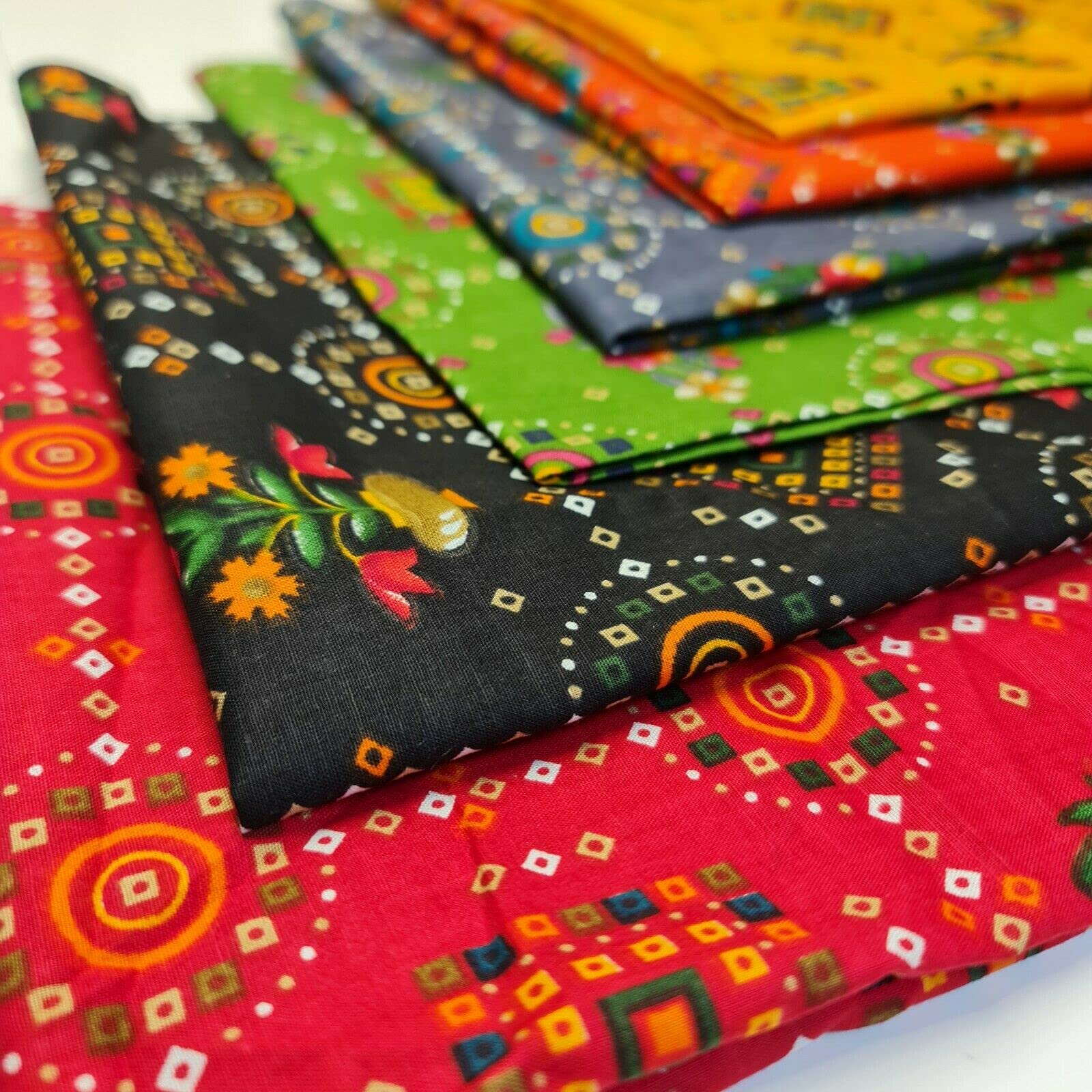 6pc 25x25cm 100% Viscose Fabric Indian Boho Print PreCut Fat Quarters Bundle DIY (Bundle of 7)