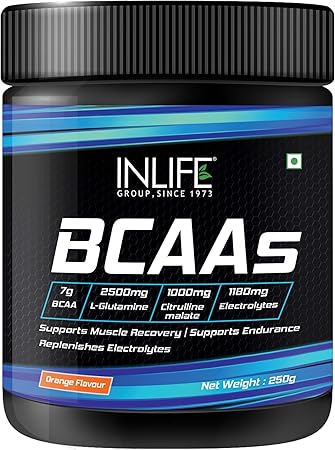 INLIFE BCAA Supplement 7g Amino Acids Instantized for Pre Post & Intra Energy Drink for Workout, 2.5g L-Glutamine,1g Citrulline Malate, 1180mg Electrolytes Powder (Orange, 250g)