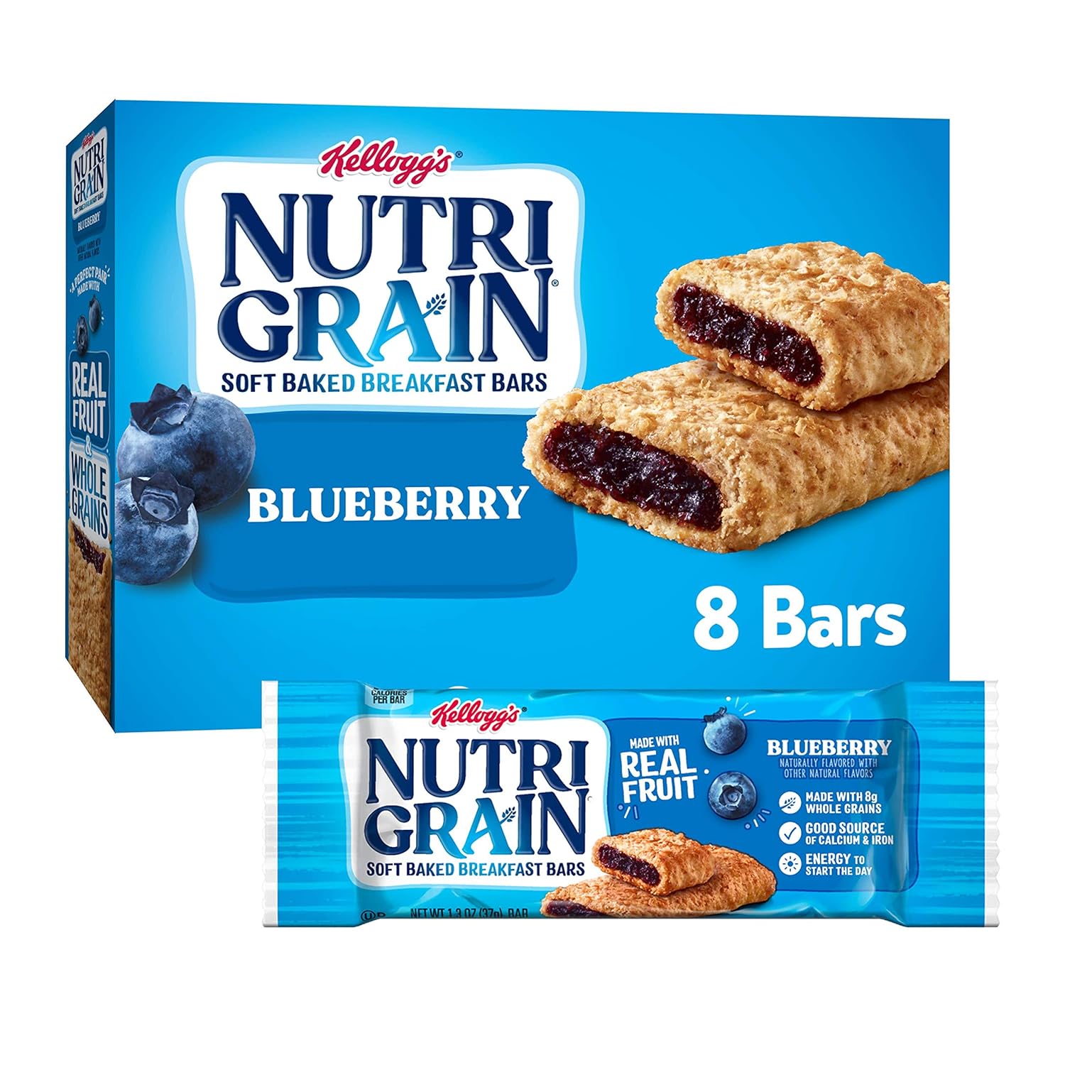 Kellogg's Nutri-Grain, Soft Baked Breakfast Bars, Blueberry, Made with Whole Grain, 10.4oz Box (8 Count)