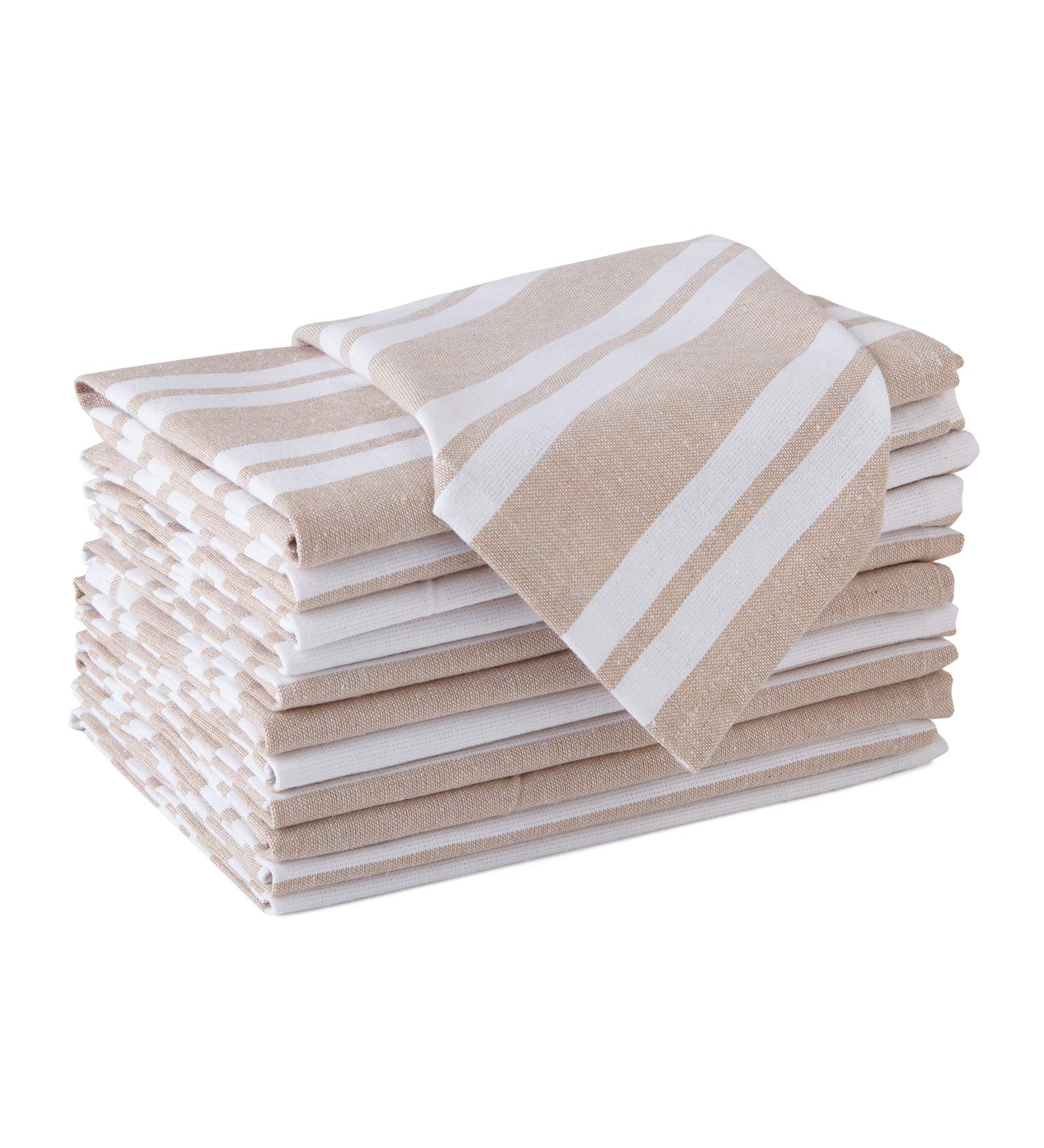 Encasa XO Cotton Cloth Napkins Set of 12, 17"x17" | Washable & Reusable Dinner Napkins White & Franca Beige Stripes Table Napkins for Farmhouse, Wedding, Holiday, Party & Everyday Dining