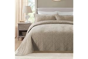 HoneiLife Bedspread Quilt Set King - 3 Piece Embroidered Corduroy Luxurious Coverlet Lightweight Bedcover Warm Bedding Set All Season-Taupe, King Size
