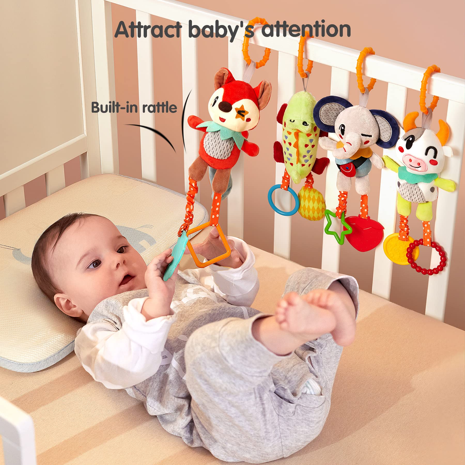 TUMAMA 4 Pack Baby Toys for 0 3 6 9 12 Months, Hanging Crib Toys for Newborn Infant Development, Car Seat Stroller Soft Plush Rattles Toy for Babies