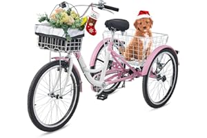VIRIBUS Tricycle for Adults, 7 Speed Adult Tricycles for Women Men Seniors Men with Front and Rear Removable Wheeled Baskets, 3 Wheel Bikes 24 26 inch, Cruiser Tri Bikes Trike 400 lb. Capacity