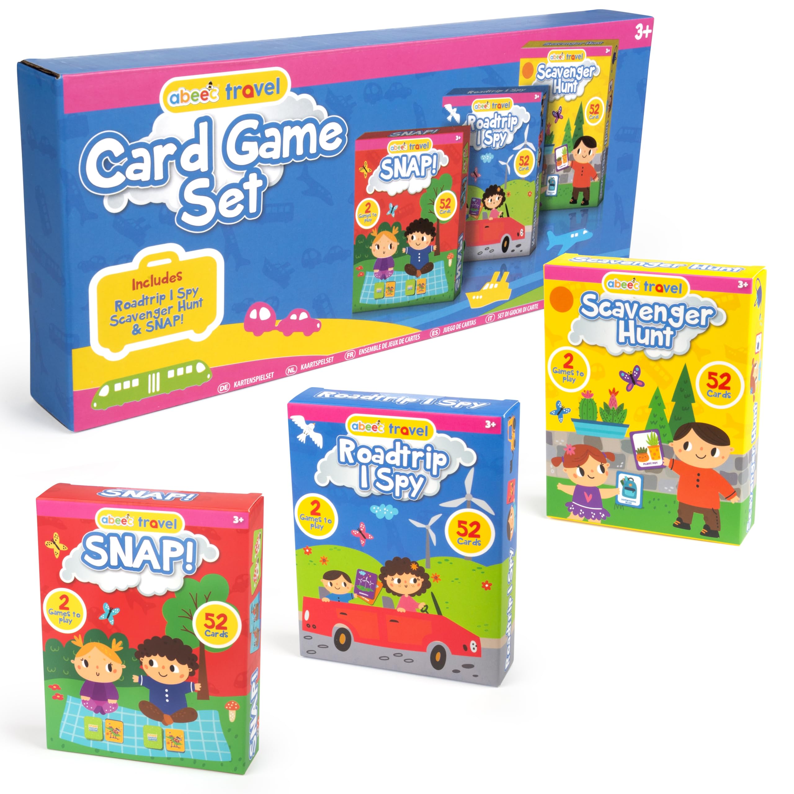 abeec Travel Card Game Set – 3 Pack of Kids Card Games: SNAP, Scavenger Hunt & Roadtrip I Spy – Family Travel Games for Ages 3+ – Compact Car and Plane Activity Set for Holidays and Journeys