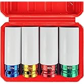 WETT 4Pcs 1/2 Inch Lug Nut Socket Set, Wheel Protector Thin Wall Deep Impact Socket, CR-MO Steel, 6 Point, Metric, 17mm, 19mm, 21mm, 22mm, Plastic Socket Lug Nut