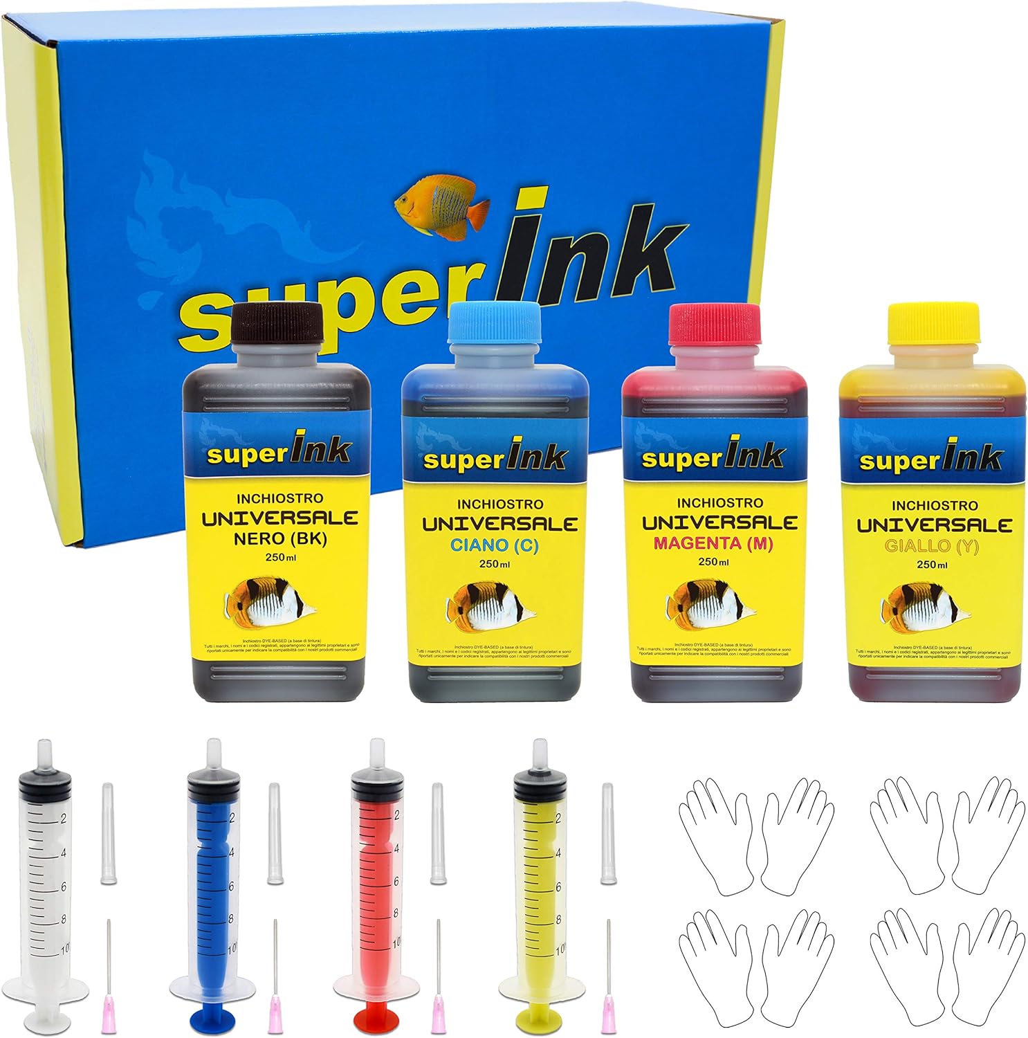 S2) Small2-4 Kit Inchiostri SuperInk (dye) UNIVERSALI Per Tutte Le Stampanti Inkjet 1x250ml