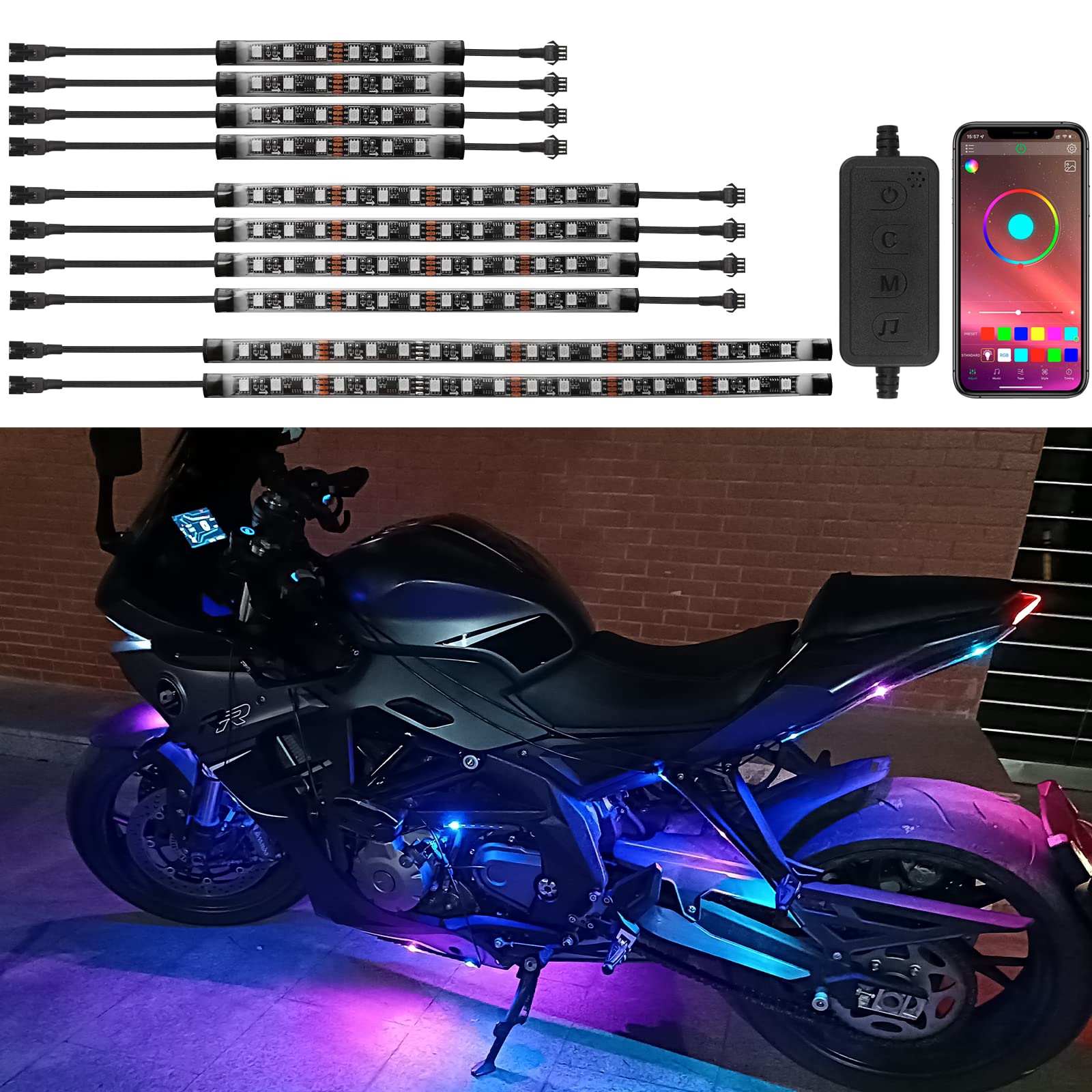 Photo 1 of 10Pcs Motorcycle LED Underglow Kit, RGB LED Strips Lights, Motorcycle Underglow Lights Kit with APP Control for Harley Davidson Honda Kawasaki Suzuki