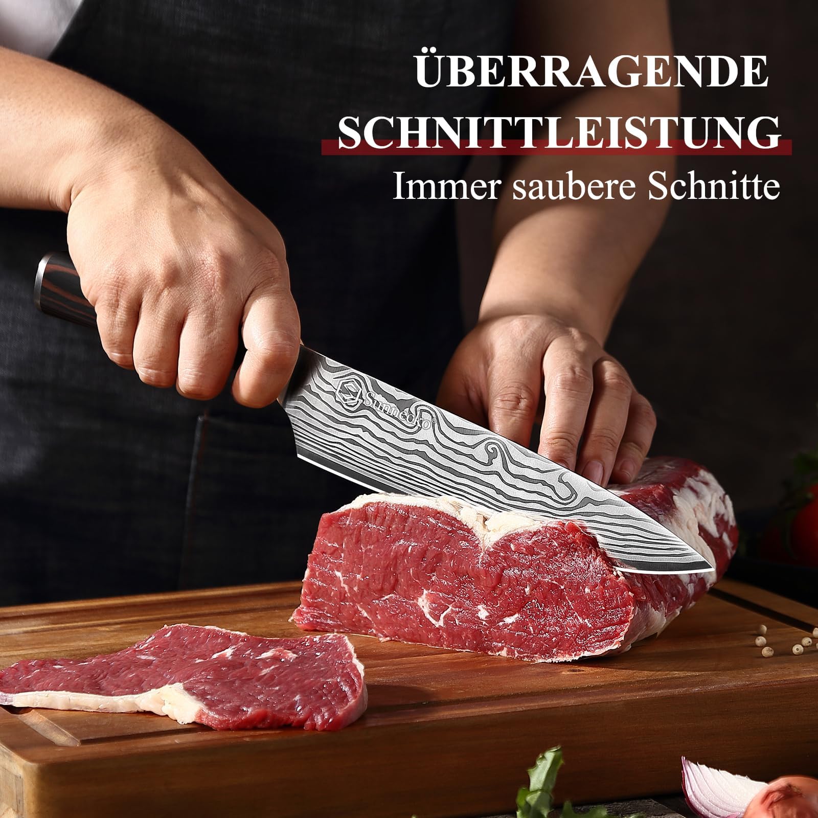 Sunnecko 20cm Messer Küchenmesser Kochmesser - Küchenmesser Profi Messer Scharfes Chefmesser Edelstahl Fleischmesser mit Pakkaholz Griff Allzweckmesser Scharf Klinge mit Geschenkbox 4