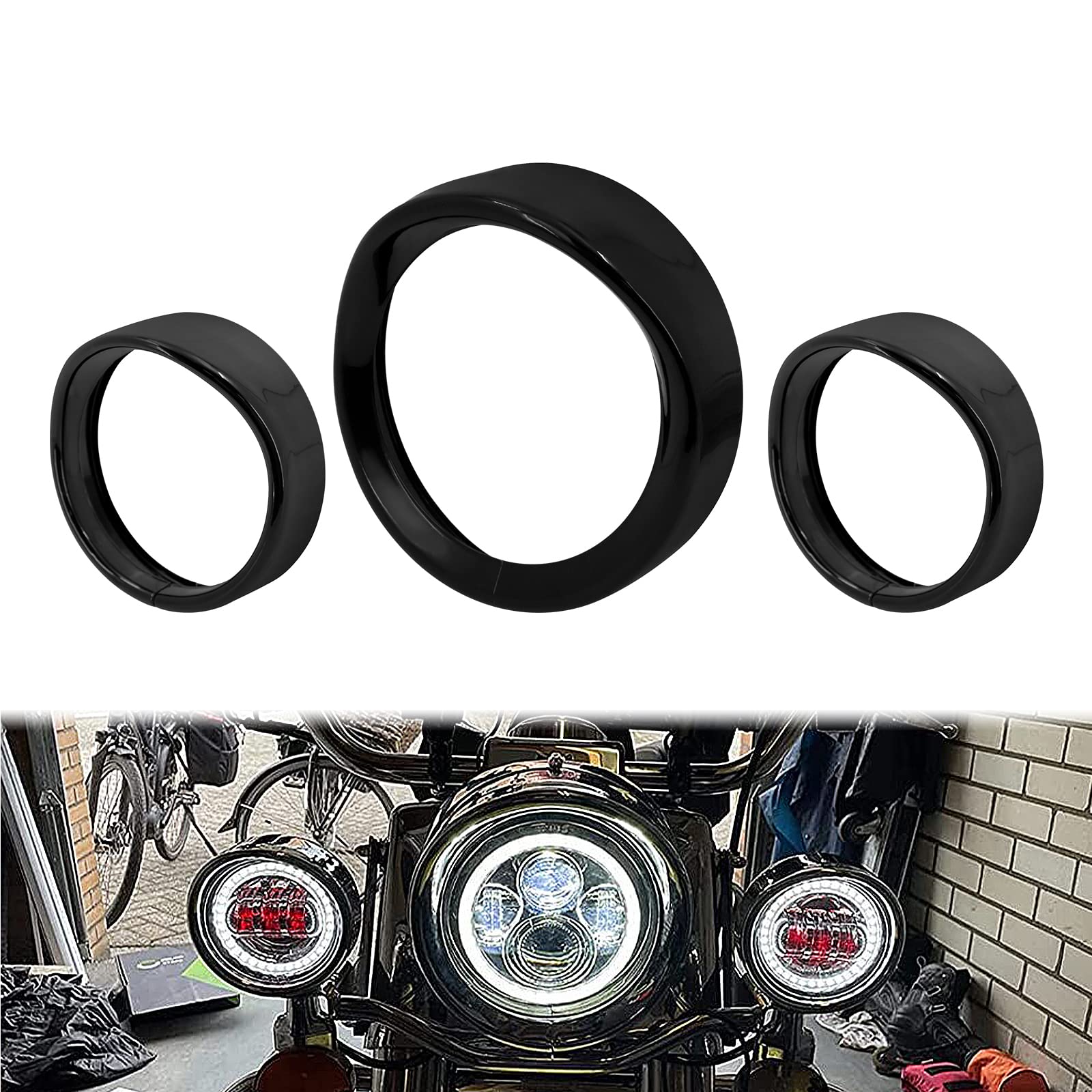 Photo 1 of HCmotorku Motorcycle 7" Headlight Trim Ring 4.5" Fog Light Trim Ring Set Visor Style Fit for Harley Touring Road King Street Glide Electra Glide Gloss Black