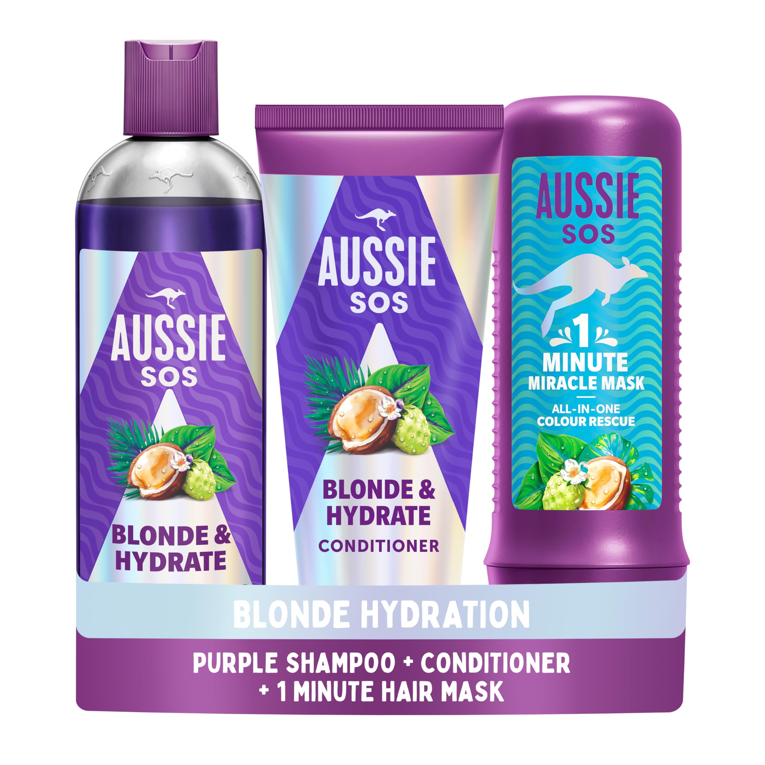 Aussie Blonde & Hydrate Purple Shampoo And Conditioner Set With Hair Mask. Neutralise Brassy, Yellow Tones On Bonde, Highlighted & Silver Hair. For Bleached, Highlighted And Grey Hair
