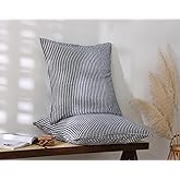 AORISSI 100% French Linen Euro Shams 26x26 Inches Square Pillow Cover for Throw Pillows Pack of 2 with Envelope Closure, Stone Washed Soft Durable Breathable and Cooling(Blue Stripe, 26''x26'')