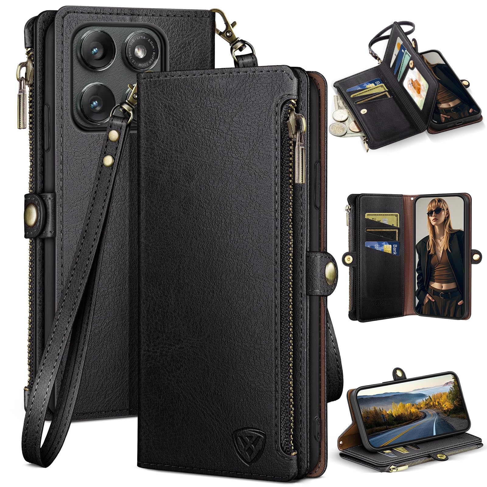 Photo 1 of XcaseBar Compatible with ?Moto Edge 5G 2025 Wallet case with Zipper Credit Card Holder?RFID Blocking?,Flip Folio Book PU Leather Phone case Shockproof Cover Women Men for Mote Edge 2025 case Black