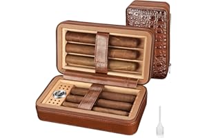 KEJIAR Cigar Humidors Cedar Wood Cigar Humidor Box with Humidifier and Hygrometer, Travel Cigar Case with Gift Box Removable Cedar Tray, Leather Cigar Humidifier Box Holds 6 Cigars (M)