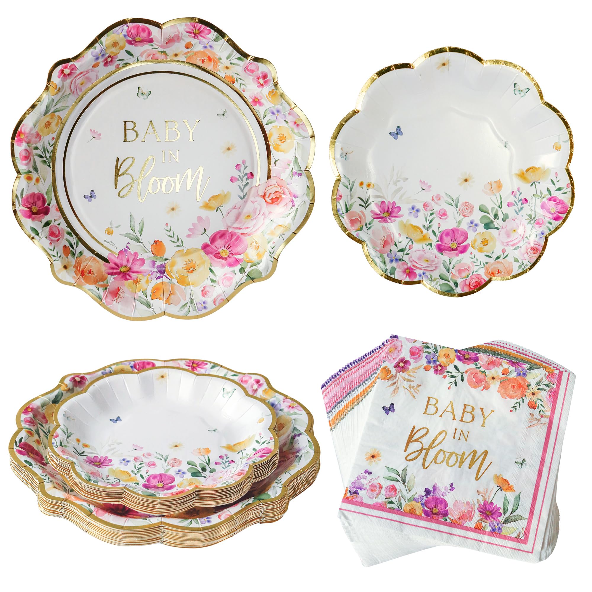 Photo 1 of Kate Aspen Baby in Bloom 62 Piece Party Tableware Set Baby Shower Party Decorations Plates & Napkins, Vibrant Floral Botanical (16 Guests)- Perfect for Greenery Baby Shower