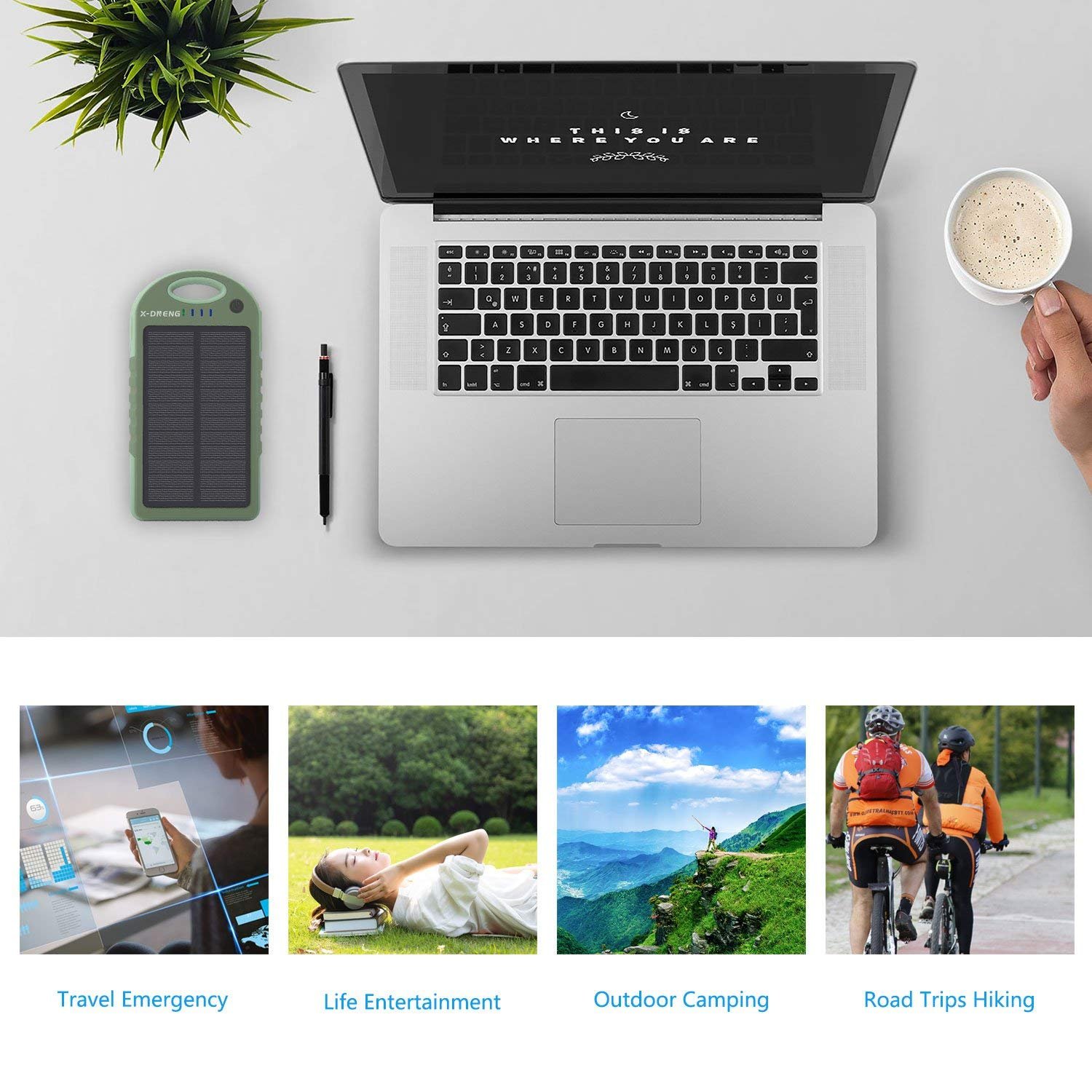 Solar Chargers 12000mAh Portable Solar Power Bank,Waterproof/Shockproof/Dustproof Solar Battery Charger Dual USB Port with Strong LED Light for Cellphone iPhone iPad Samsung Adroid Gopro GPS and More