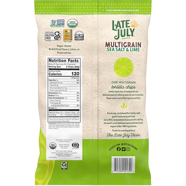 LATE JULY SNACKS, ORGANIC MULTIGRAIN TORTILLA CHIPS, SEA SALT AND LIME, 7.5-OZ. BAG