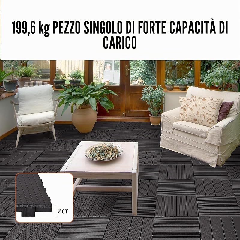 Piastrelle per Patio ad Incastro 36 Pezzi 300 x 300 x 20 mm, Piastrelle Impermeabile in Plastica, Piastrelle per Tutte Le Condizioni Atmosferiche, per Portico Piscina Cortile, Marrone Scuro