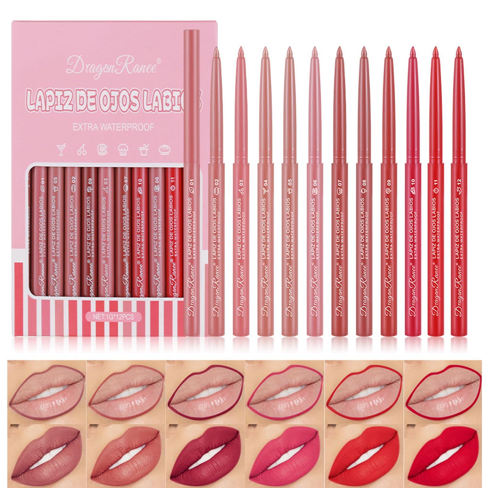 DENESTUP 12 Pcs Lip Liner Combo, Matte Lip Liner Pencil Lipstick Set long-lasting Wear and Waterproof, Non-Stick Cup, High Pigmented Smooth Texture Natural Lip Pen Makeup Gift