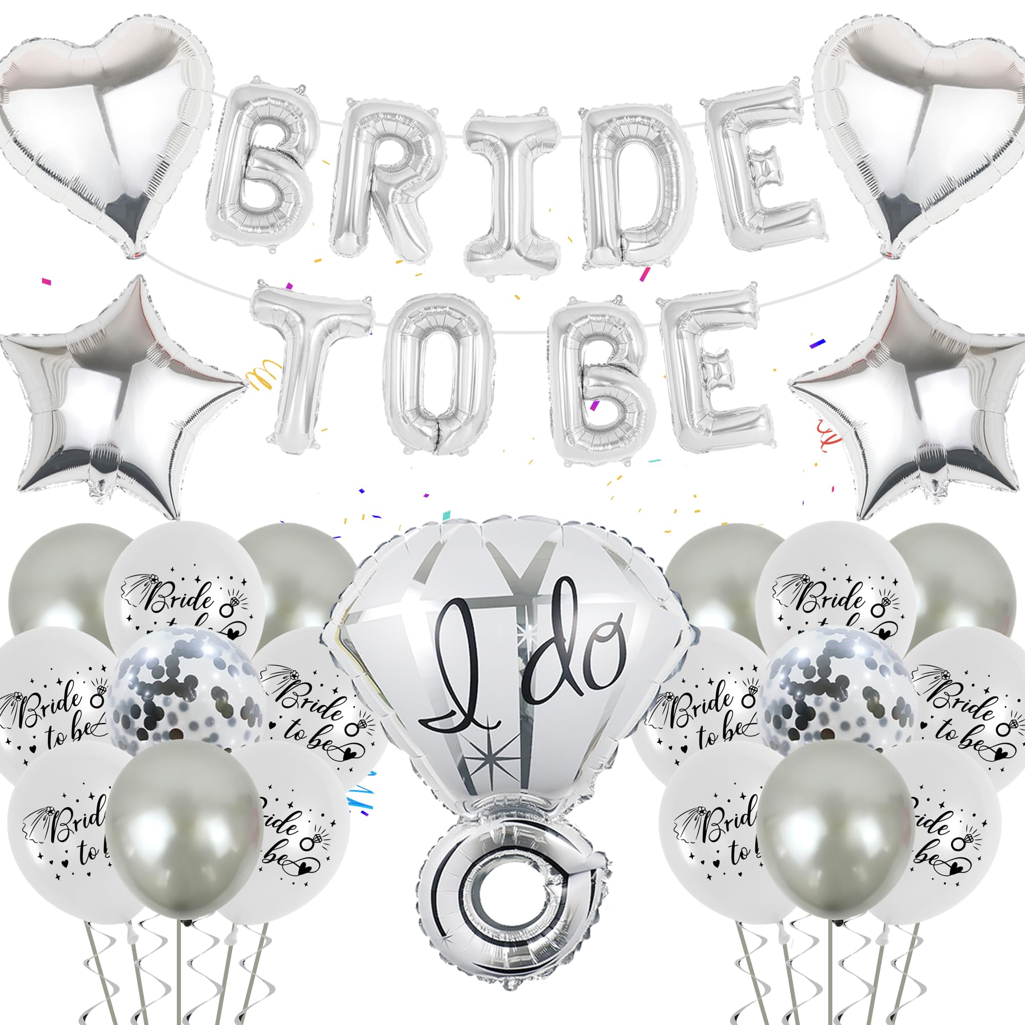 Hen Party Decoration Balloon Silver - Bride to Be Banner Balloons, Diamond Ring Silver Heart Star Foil Balloon for Bridal Shower Hen Party Wedding Decorations Bachelorette