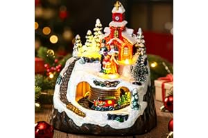 VISFLAIR Animated Musical Christmas Village Choir Figurines Christmas Collectibles Statues Church Building & Carolers with Rotating Train LED Lights, Battery & USB Home Decor Gifts Festive Holiday Decorations