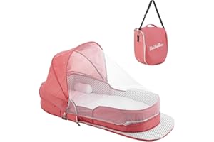 Tuyedoqe Baby Travel Bassinet Portable Bassinets, Foldable Converts to Backpack for Travel, Lightweight Travel Baby Lounger with 2-1 Mosquito & Canopy (Pink)