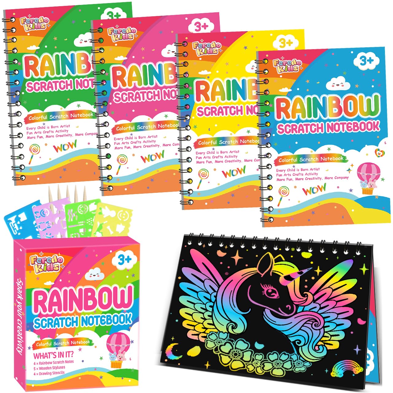 FEREDO KIDS Scratch Art Party Favors for Kids 8-12: 4 Pack Rainbow Scratch Art Notebook, Easter Basket Stuffers, Easter Coloring Books for Kids Ages 4-8, Students Classroom Rewards Gifts Bulk