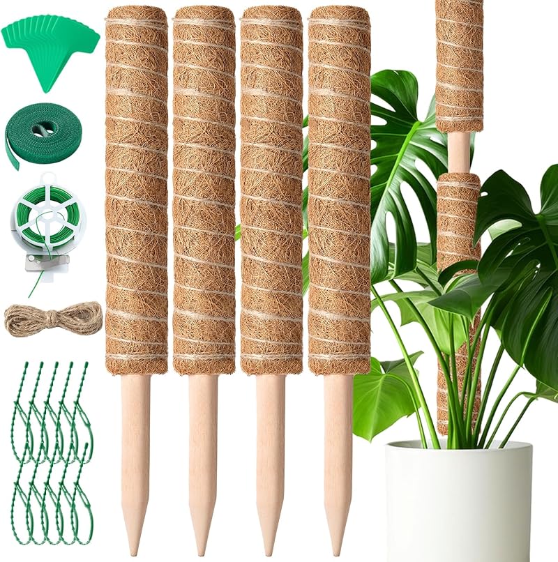 Mactoou Moss Pole 4-Pack 41cm Coir Moss Poles for Monstera Climbing Plants