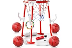 WATUDOU Pool Basketball Hoop Toys for Kids Ages 4-8 8-12 & Adult, Summer Outdoor Swimming Pool Games Water Play Toys Family Party for Kids, 2 in1 Pool Basketball Hoop & Ring Game with 4 Balls 12 Rings & Pump