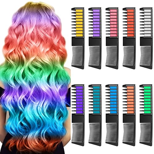 10 Colors Hair Chalk Combs for Girls Gifts, Temporary Hair Color Chalk Comb Set, Popular Chalks on Birthday Cosplay Halloween Party, Washable Hair Chalk Pens Safe for Kids, Teen (Age 3+)