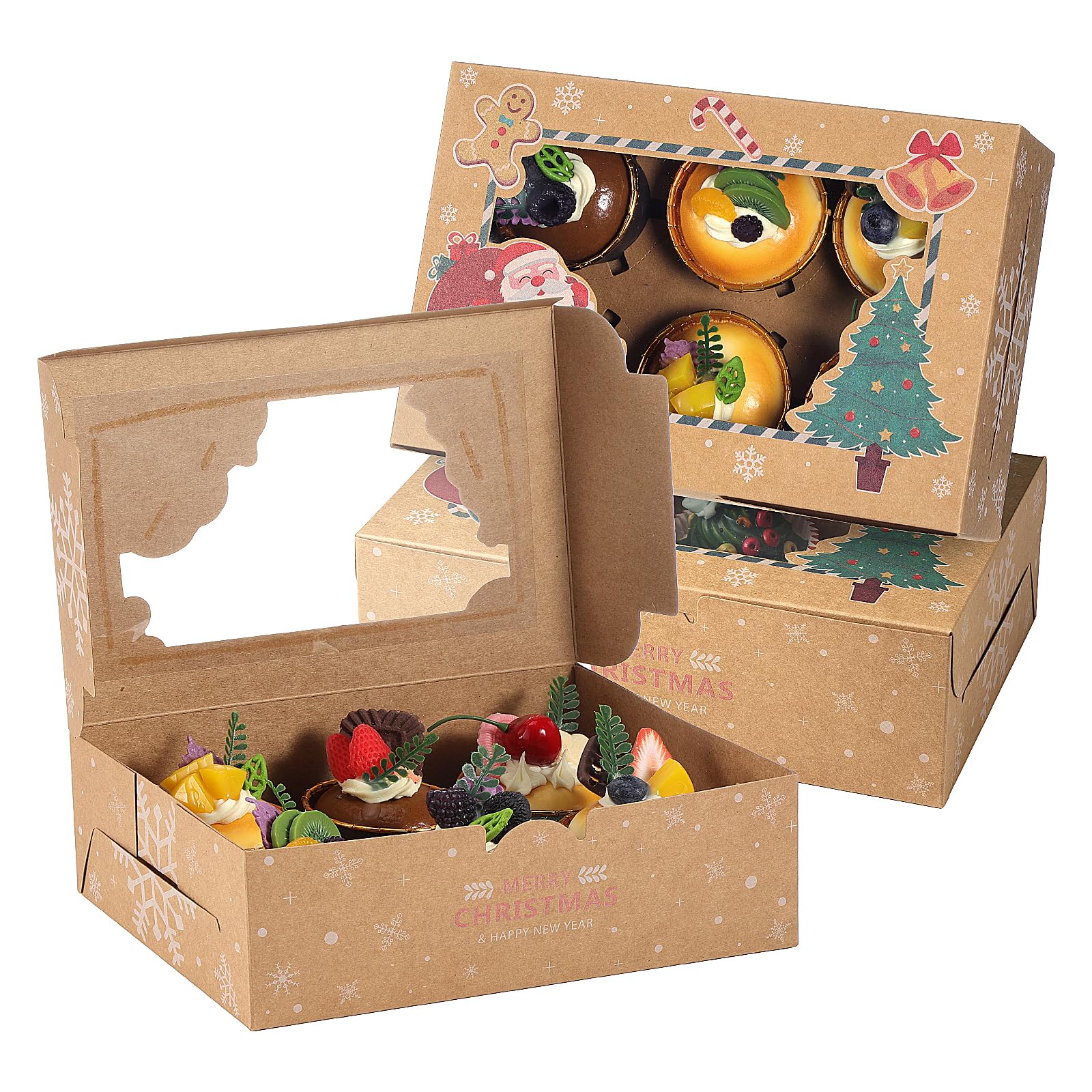 TsunNee 20PCS Christmas Cupcake Boxes 6 Hole Muffin Boxes with Inserts, Xmas Treat Boxes Gift Boxes, Cookies Gift Baking Box for Christmas Pastries Brownies Party Supply