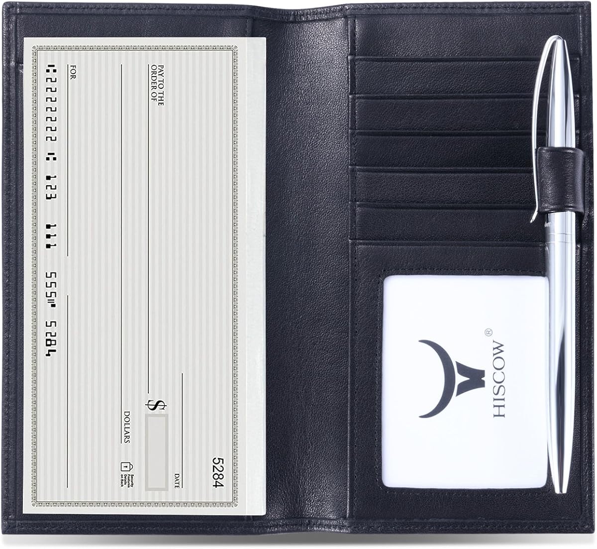 HISCOW Soft Leather Checkbook Cover & Card Holder with Divider - Italian Calfskin (Black)