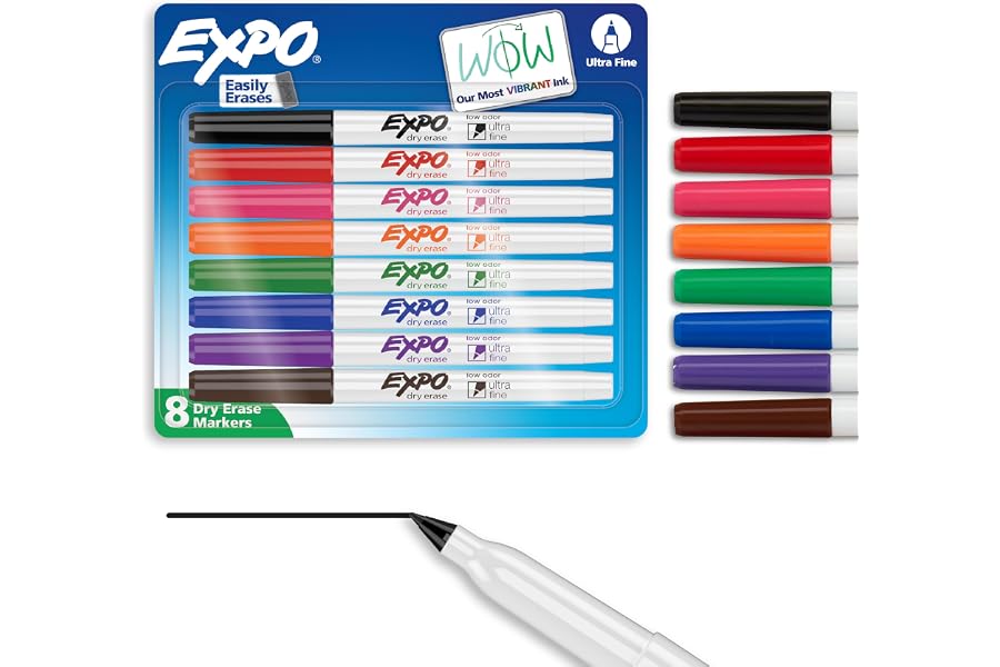 EXPO Dry Erase Markers, Low Odor Ink, Assorted Colors, Ultra Fine Tip, 8 Count - Whiteboard, Calendar, Organization, School Supplies