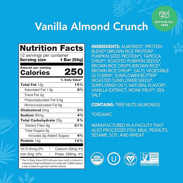 ALOHA ORGANIC PLANT BASED PROTEIN BARS, VANILLA ALMOND CRUNCH, 1.98-OUNCE BARS, (PACK OF 12)