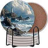 Lighthouse Beach Coastal Shore Round Coasters Set of 6 - Abosrbent Ceramic with Metal Stand for Drinks, Coffee, Non-Slip Cork Back for Tabletop Protection, 4 Inches (Waves)