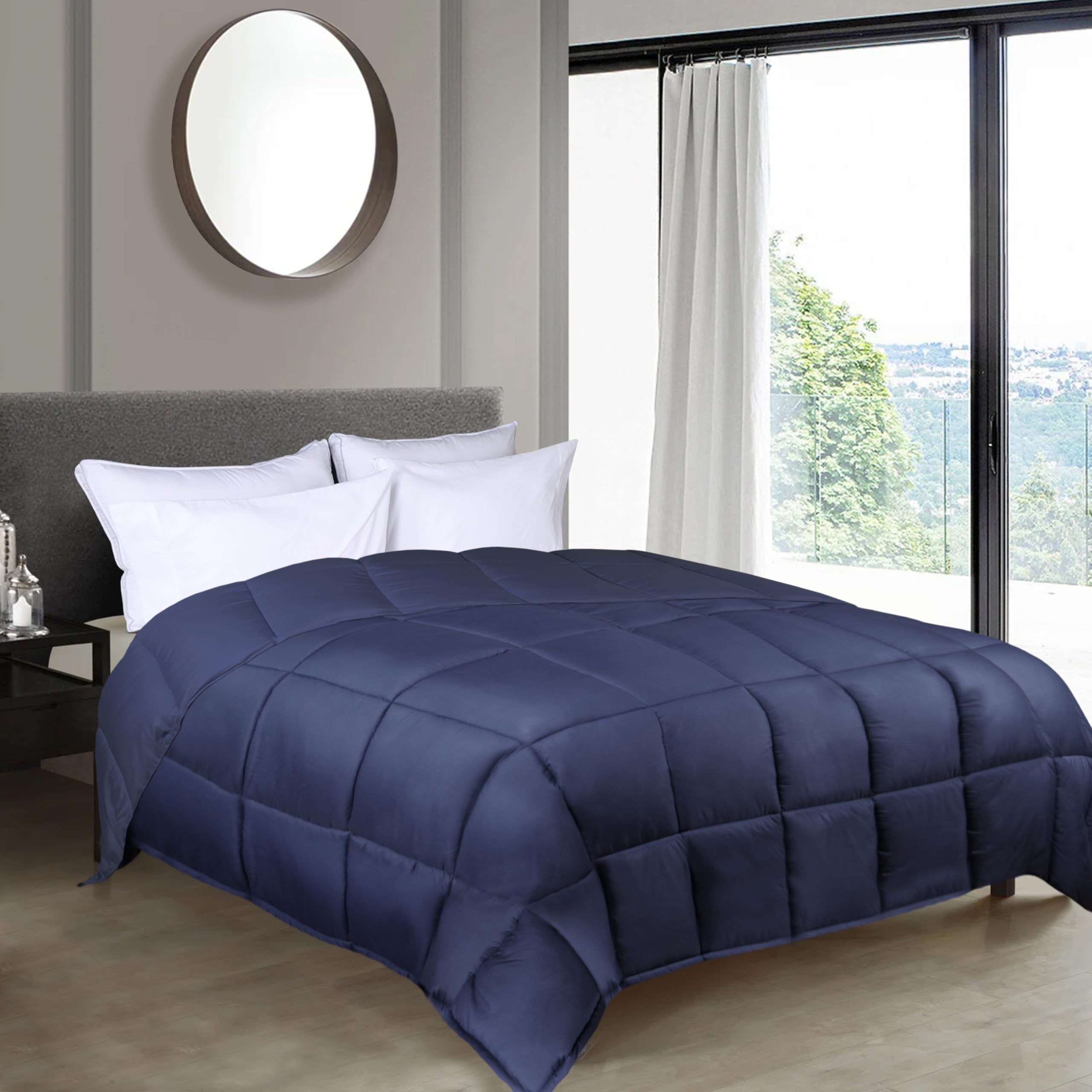 Superior Brushed Microfiber Comforter, Down Alternative Bedding, Medium Weight, Soft Bed Cover, Plush Duvet Insert, Oversized Blanket, Box Quilt, Reversible Comforter, King, Navy Blue Image Superior Brushed Microfiber Comforter, Down Alternative Bedding, Medium Weight, Soft Bed Cover, Plush Duvet Insert, Oversized Blanket, Box Quilt, Reversible Comforter, King, Navy Blue Image