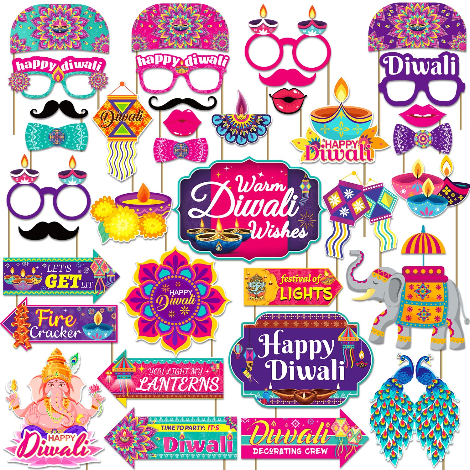 Photo 1 of 36Pcs Diwali Decorations Happy Diwali Photo Booth Props, Diwali Decorations for Home Diwali Party Photo Booth, India Festival of Lights Diwali Props, Photo Booth Diwali for India Festival